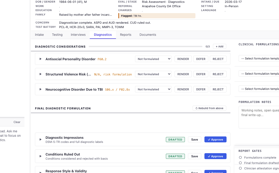 The diagnostic screen, showing candidate diagnoses awaiting the clinician's render, defer, or reject decision